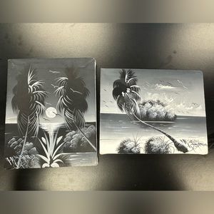Set of 2 8”x10” Black and White beach scene canvas painting